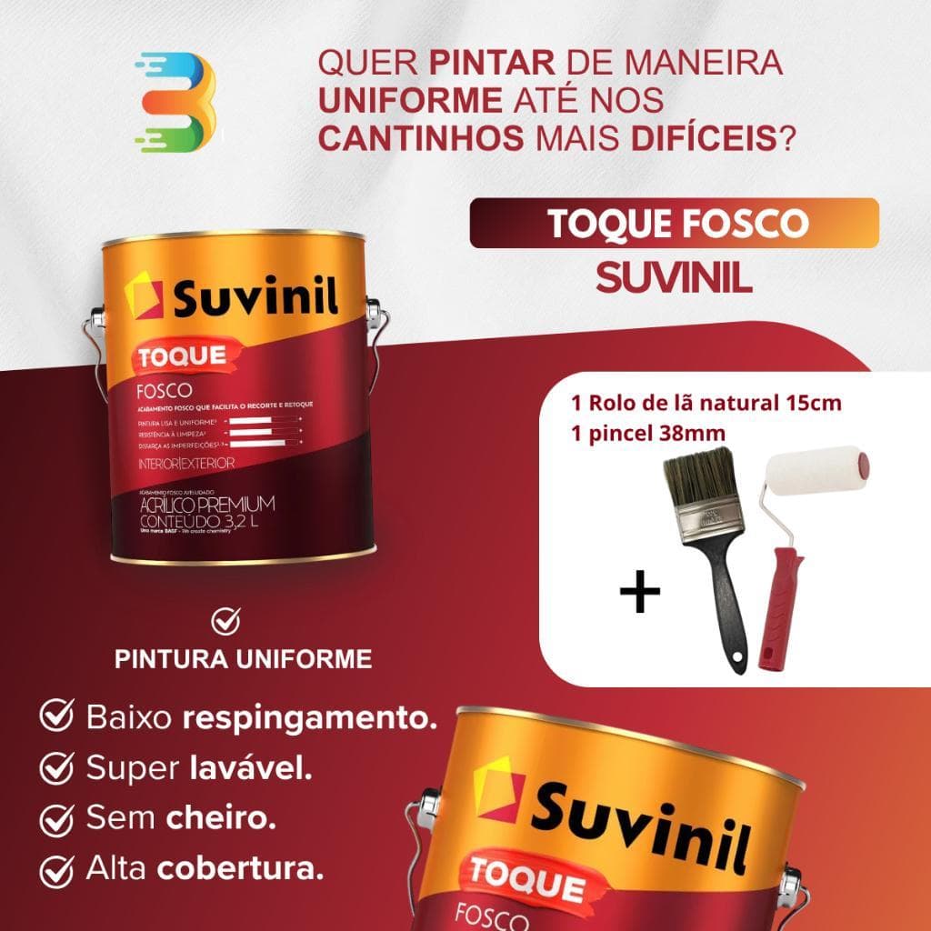 Tinta Suvinil Toque Fosco Premium 3,6L Lavável Alta Cobertura Cores Diversas