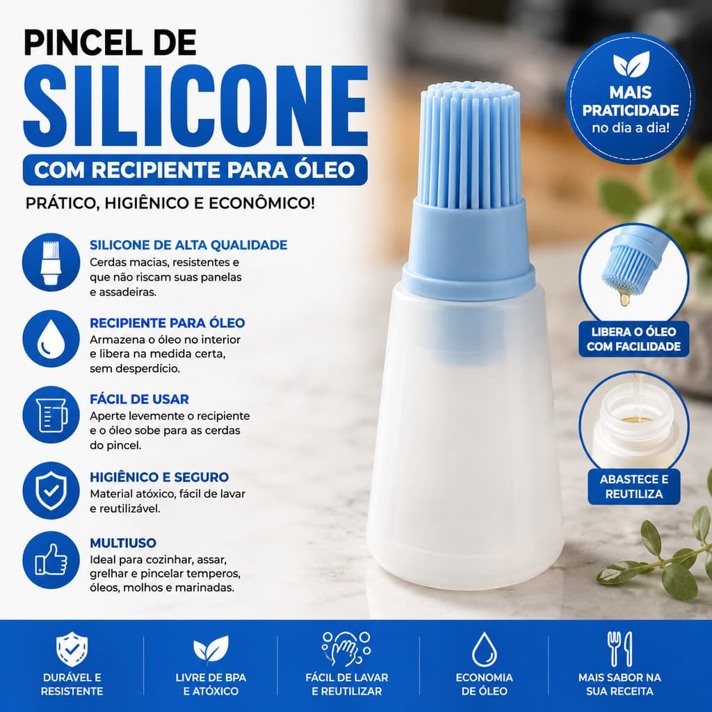 Pincel de Silicone Culinário com Reservatório para Óleo Azeite Molhos Churrasco Cozinha