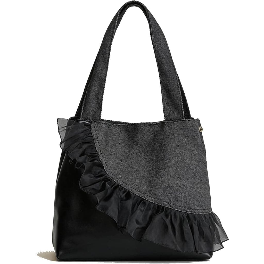 Bolsa de Ombro Feminina de Jeans com Renda, Estilo Hobo, Patchwork, com Alça, Estilo Casual
