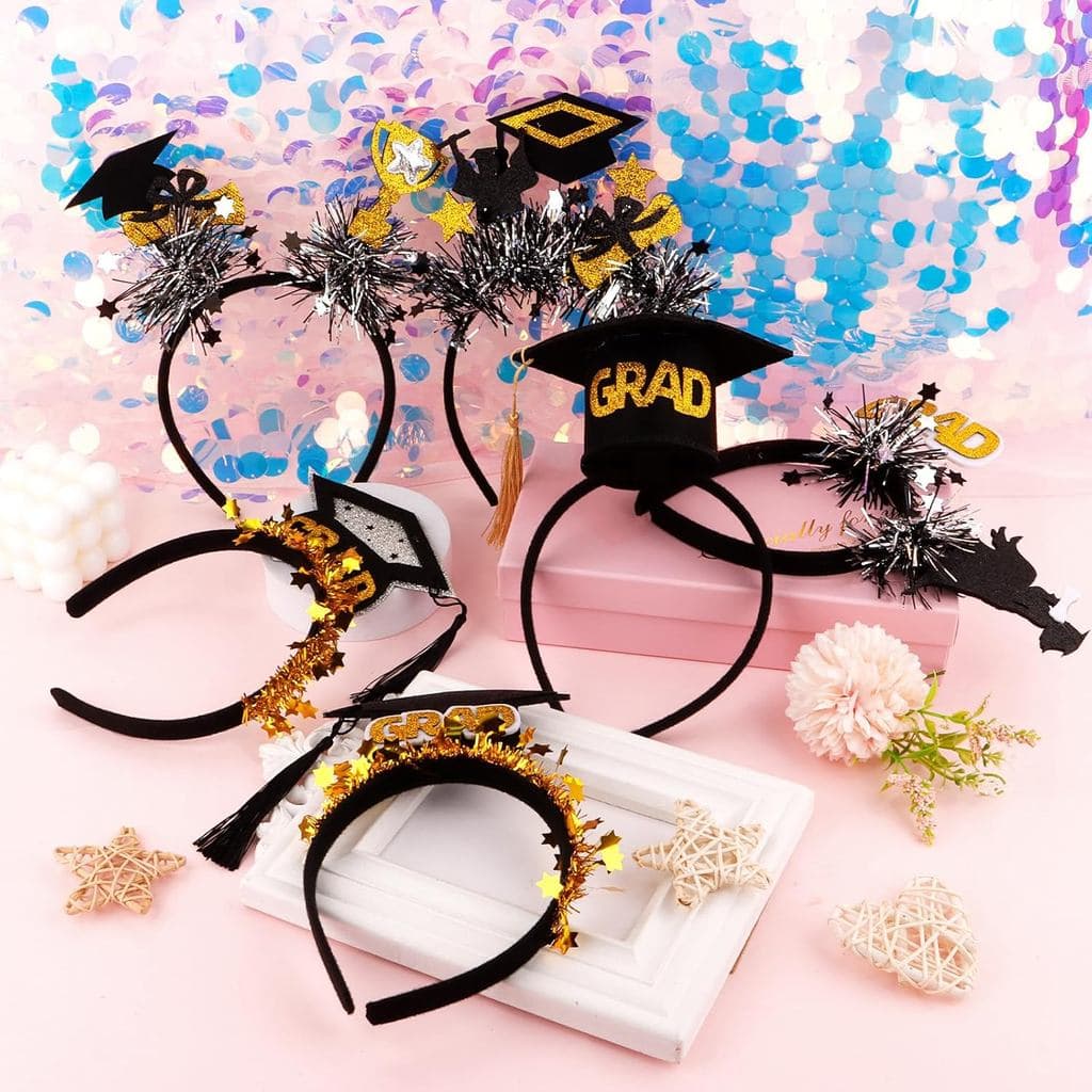 2026 Boné De Formatura Tiara Preto Ouro Glitter Lantejoulas Parabéns Decoração De Festa De Graduação Mini Chapéu E Detal