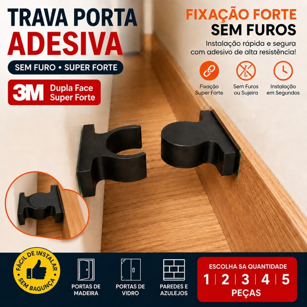 Prendedor de Porta 3M Fixador Batente Sem Furo Dupla Face Forte Segura Porta Anti Batida para Parede