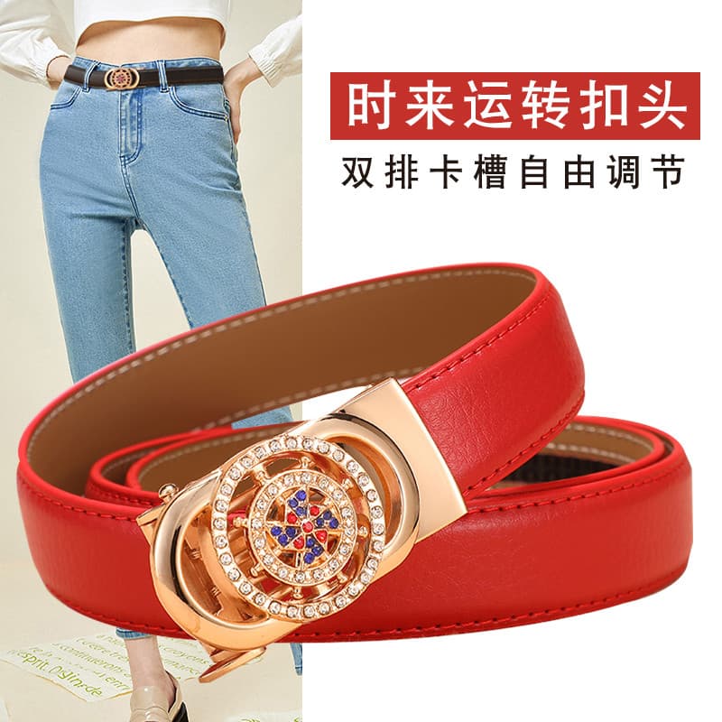 Cinto de couro genuíno de tamanho grande Tempo feminino vem para correr Benming Ano Red Fat MM Fivela automática All-Mat