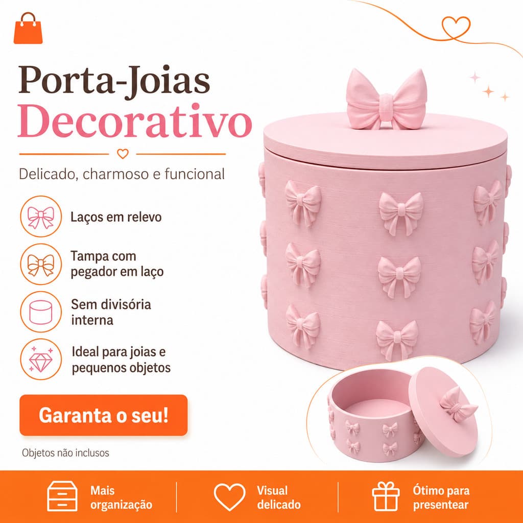 Porta-Joias Decorativo com Tampa e Laços em Relevo Organizador de Joias