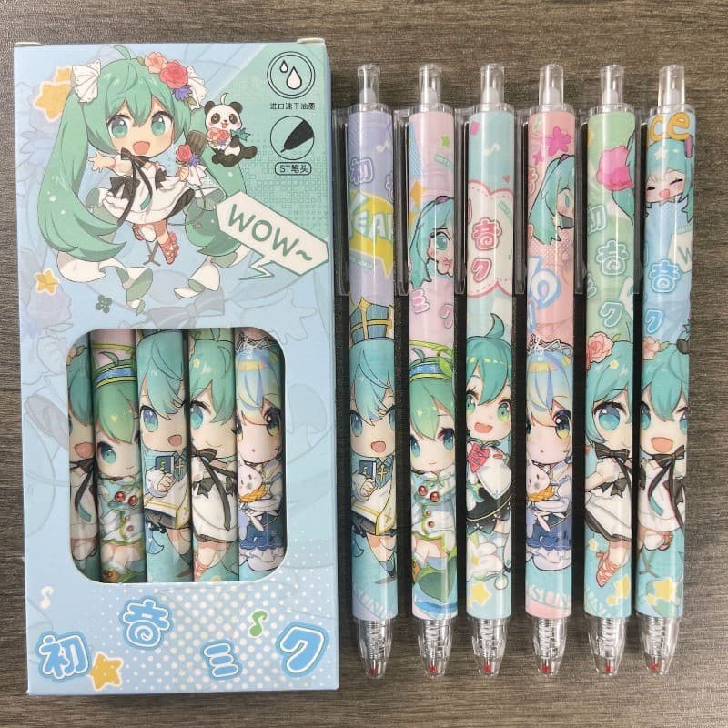 Conjunto de 6 canetas esferográficas retráteis Hatsune Miku para estudantes, com alto apelo estético para meninas, grand