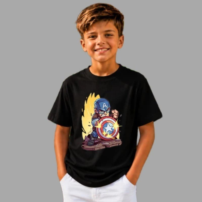 Camiseta Infantil 100% Algodão Modelo Cap Am Herói Premium do 2 ao 16 Menino Menina Confortável