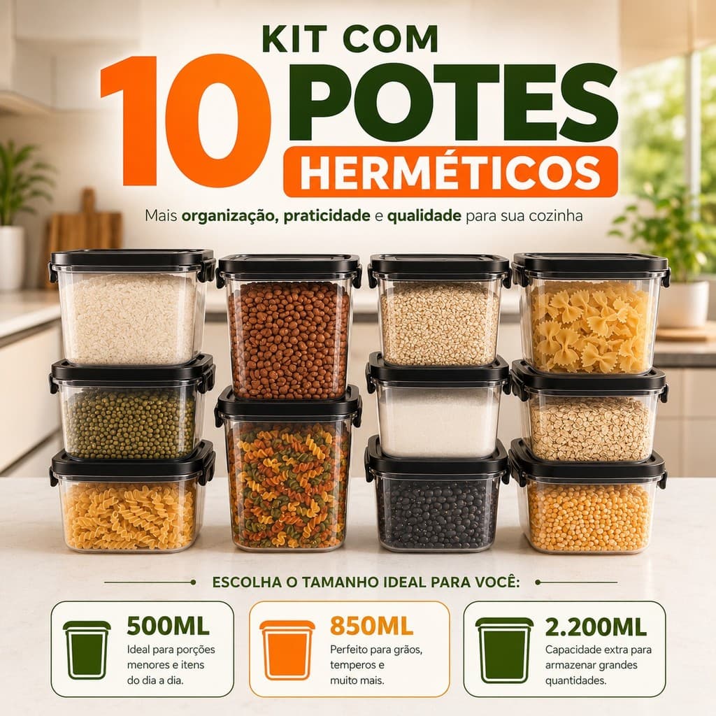 Kit com 10 Potes Herméticos Marmita 500Ml 850Ml 2,2L Com Travas Laterais - Livre de BPA Alimentos