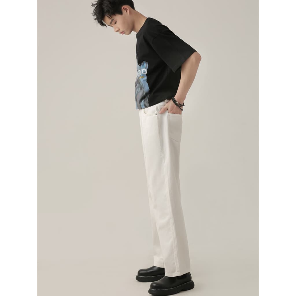 2026 novo estilo branco casual reto solto calças de perna larga Jeans masculino europeu americano calças casuais rua