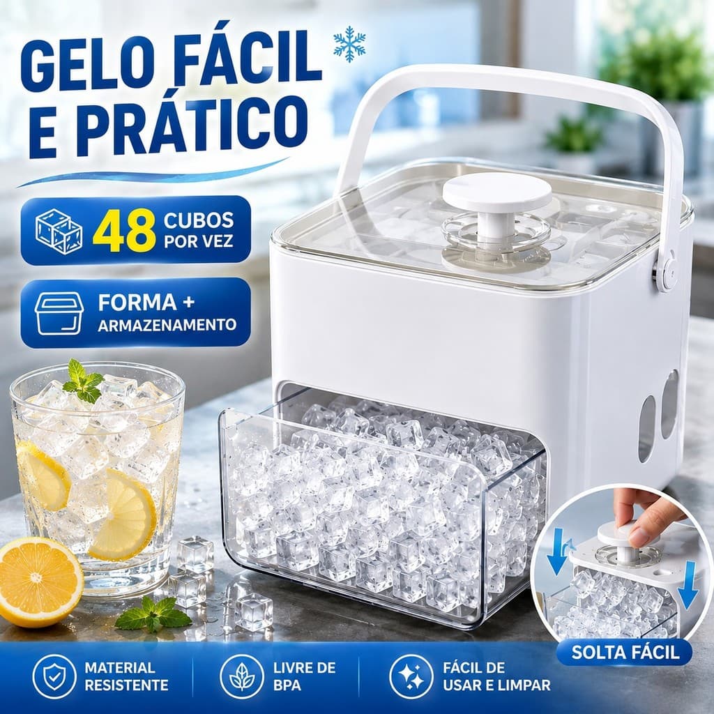 Dispenser de Gelo 2 em 1 com Bandeja e Gaveta | Solta Fácil | Tampa Hermética | Até 48 Cubos