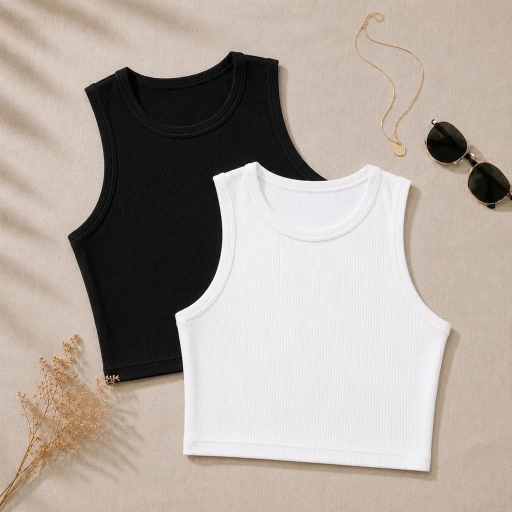 Kit 2 Cropped Feminino Canelado Regata Básico Gola Redonda Casual Tecido Confortável Premium