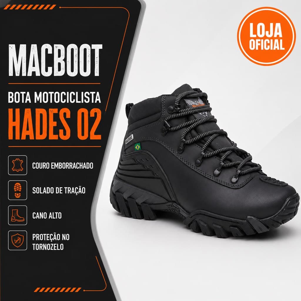 Bota Unissex Motociclista Cano Alto Macboot Hades 02 Couro Trilha Caminhada Trabalho Motoqueiro