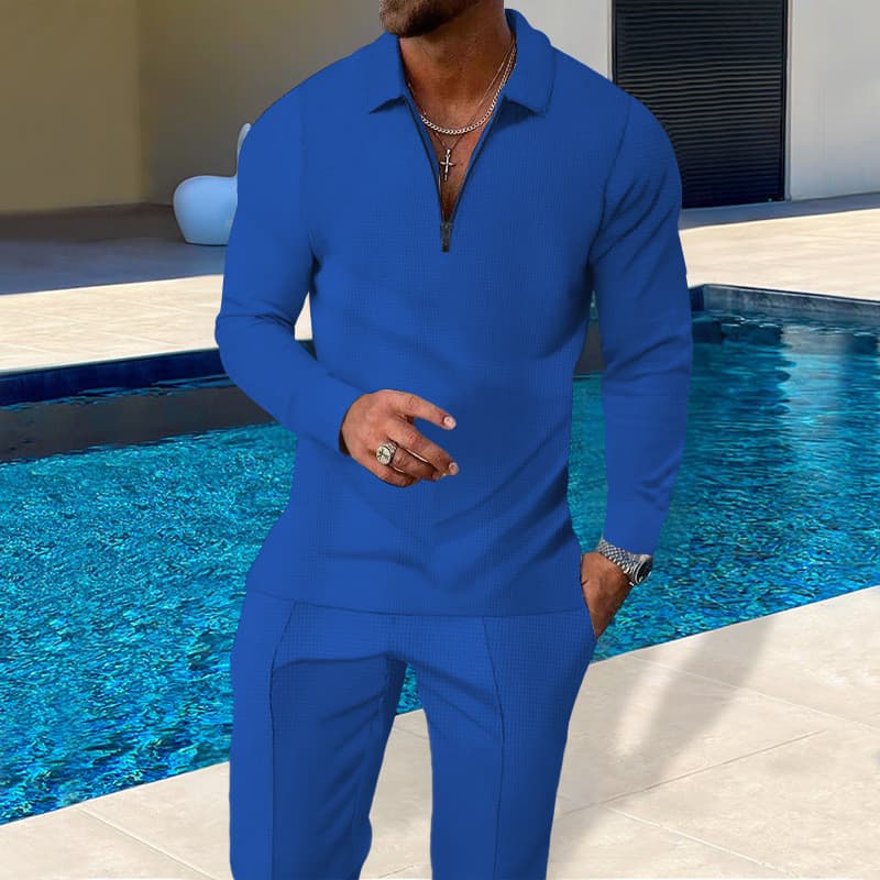 [Estilo mais vendido] Estilo Waffle zíper lapela cor sólida calças superiores conjunto Casual masculino [envio rápido]