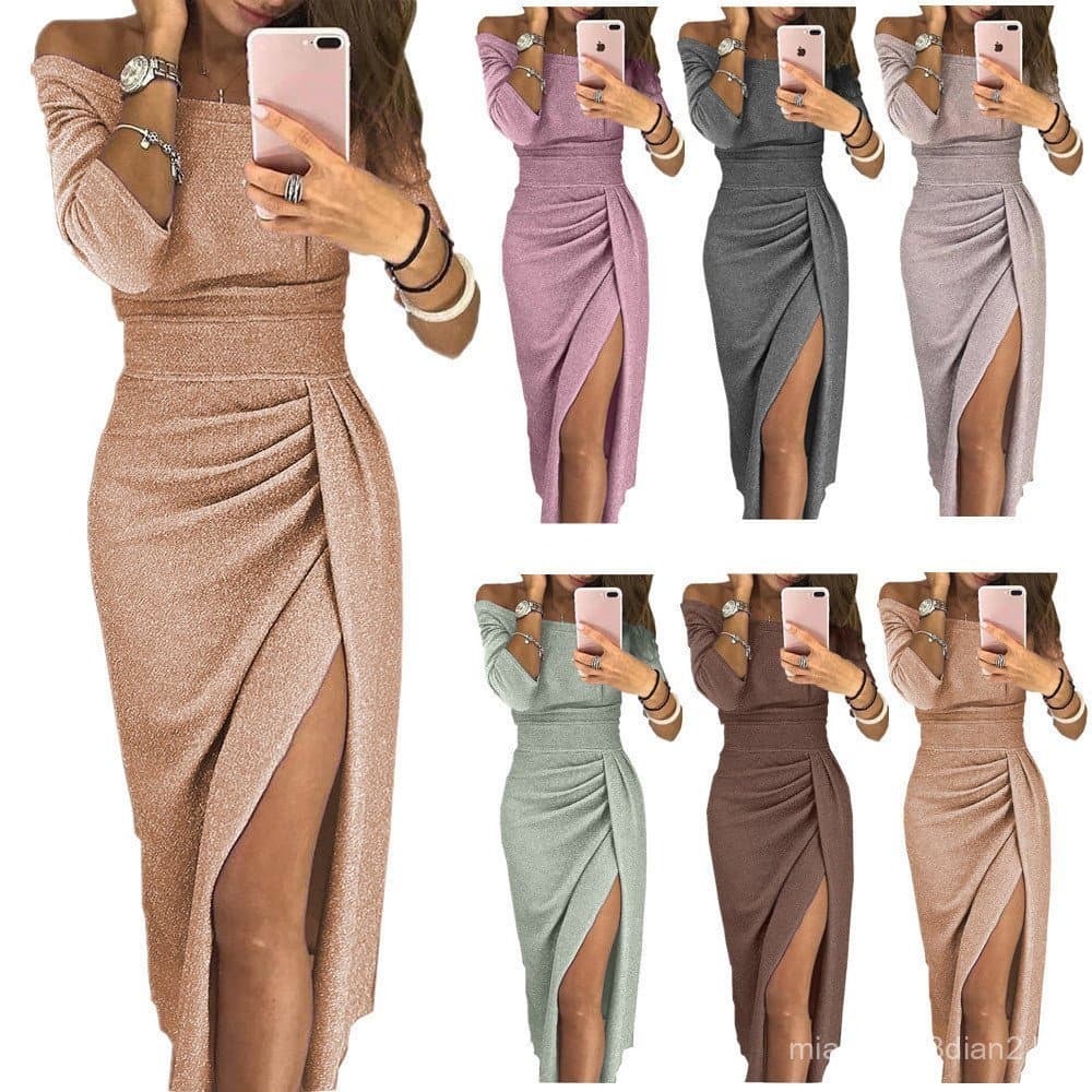 Vestido Bodycon Com Fenda Fora Do Ombro Para Mulheres De Festa Brilhante Estilo Europeu E Americano