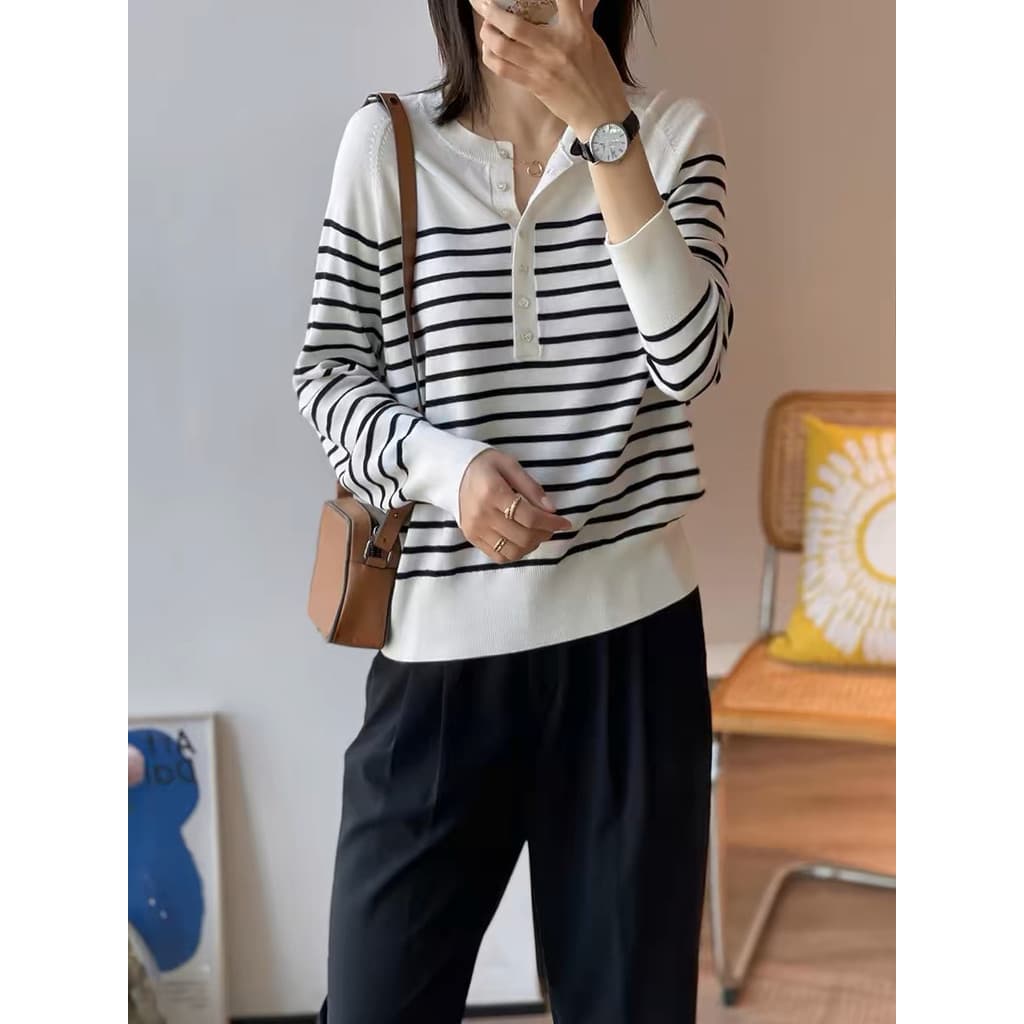 Top Henry Collar fácil de combinar, malhas de lã listradas indispensáveis!!Gigante Somatosensorial Confortável