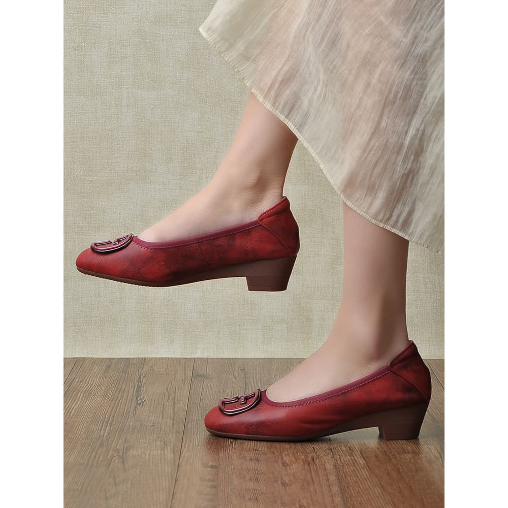 Feito à mão couro genuíno Retro boca rasa sapatos femininos 2026 novo estilo primavera verão salto grosso dedo do pé red