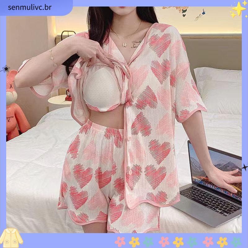 Com almofada no peito senhoras pijamas conjunto verão impresso dos desenhos animados bonito Shorts de manga curta Lounge