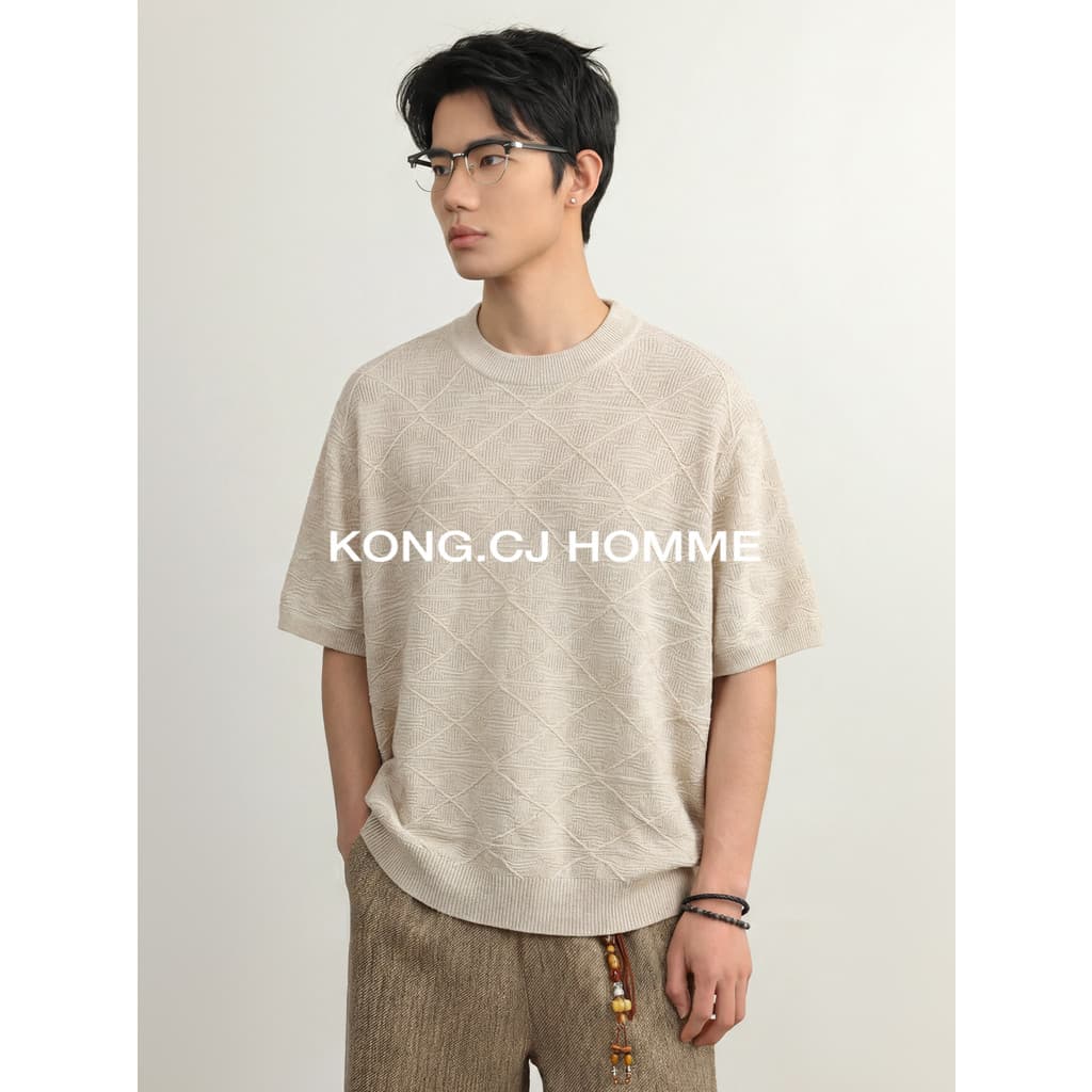 KCJ Lyocell Linho Legal Velho Dinheiro Estilo Diamante Malha Manga Curta Masculina Verão All-Match Casual Gola Redonda C