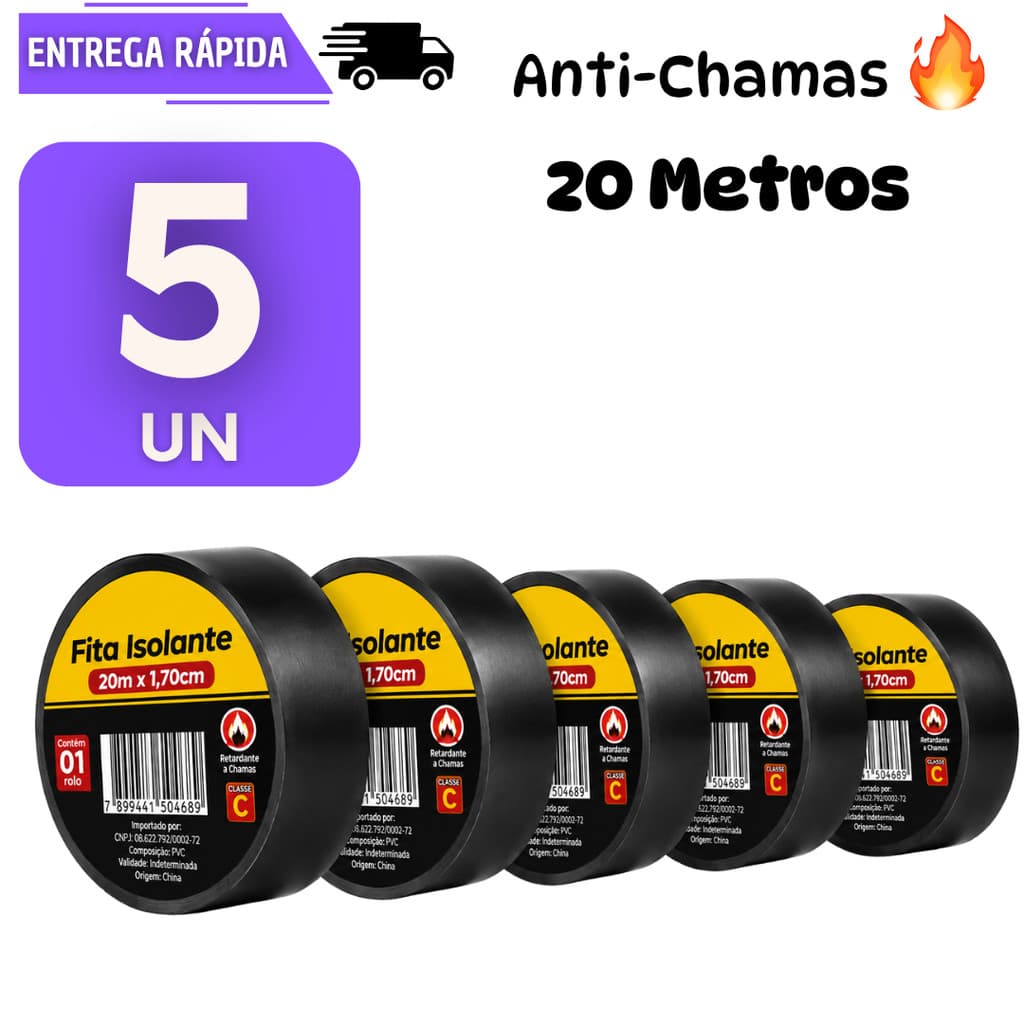 Kit 5 Fita Isolante Preta 20 metros Anti chamas Instalação Elétrica Alta Resistência Profissional Fitas Silver Cabo Fio