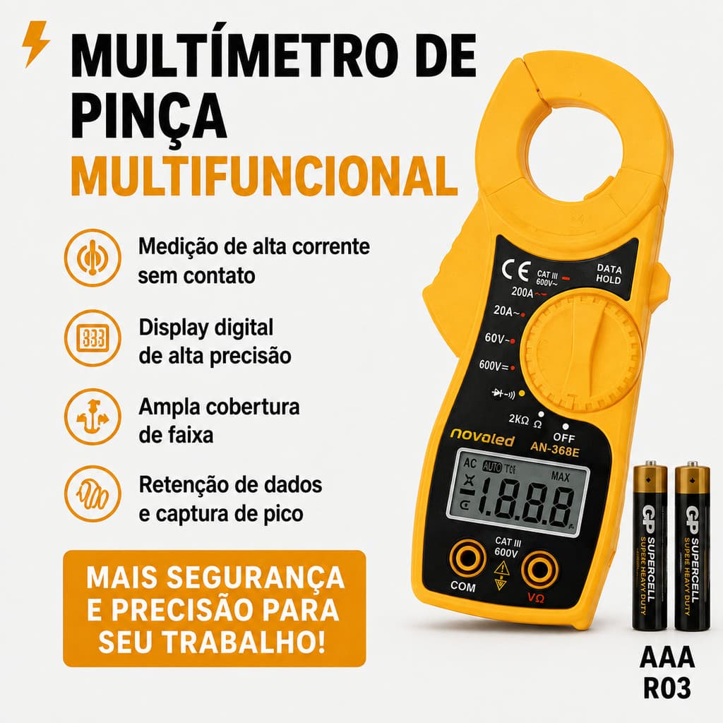 Multímetro Alicate Digital Portátil para Medição de Corrente, Tensão e Resistência