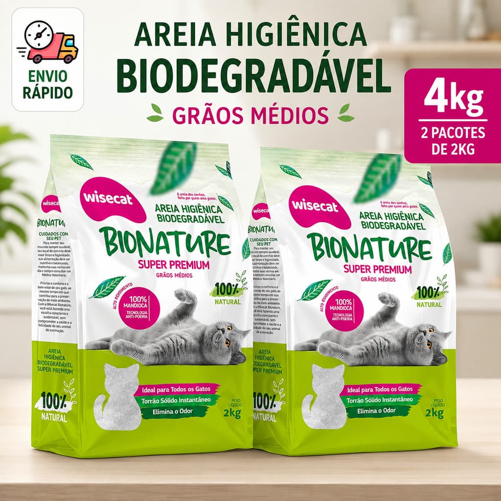 Areia Higiênica Para Gato de Mandioca 2kg e 4kg Wisecat Biodegradável Areia de Gato Sustentável