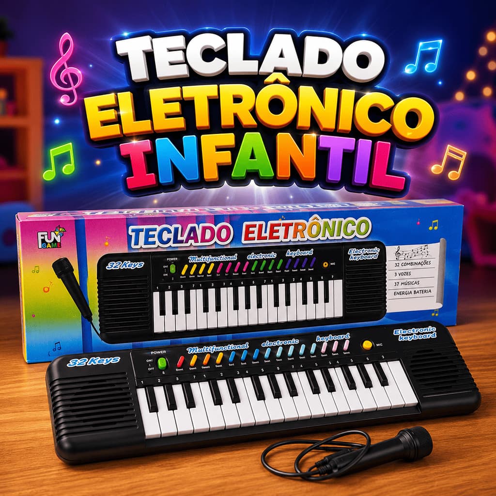 Teclado Musical Eletrônico 32 Teclas Infantil Com Microfone Interativo