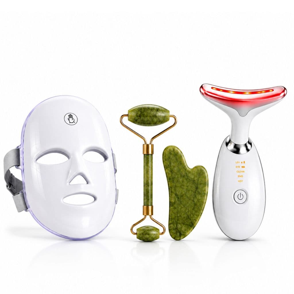 Kit Skincare Máscara Facial LED 7 Cores + Massageador LED + Jade Roller e Gua Sha