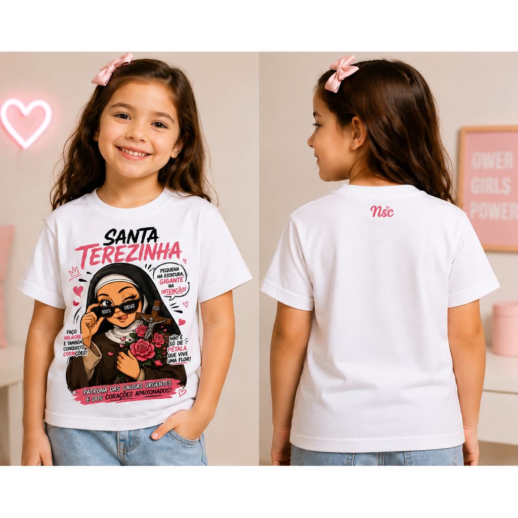 🌹✨ Camiseta Infantil Santa Terezinha — Pequena Na Estatura , Gigante Na Fé ✨🌹
