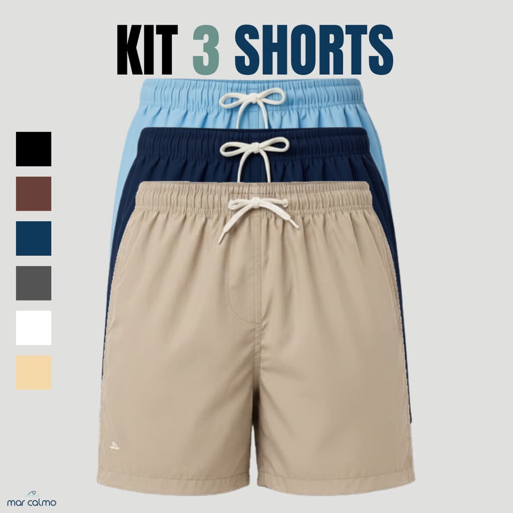 KIT 3 SHORT MASCULINO TACTEL ELASTANO MAURICINHO CADARÇO CRU 3 BOLSOS COSTURAS REFORÇADAS CORRIDA ACADEMIA PRAIA
