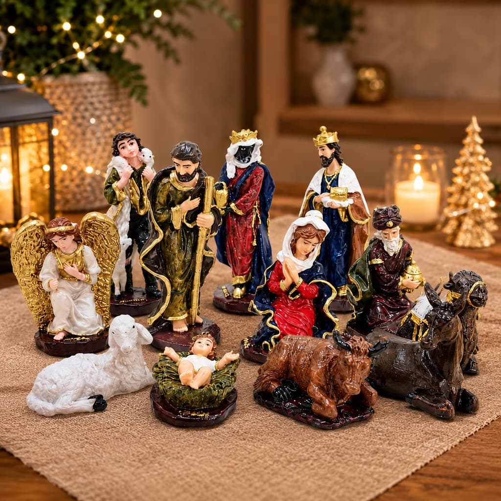 Presépio de Natal Resina Kit 12 Peças 13 cm Sagrada Família Decoração Natalina Enfeite Mesa