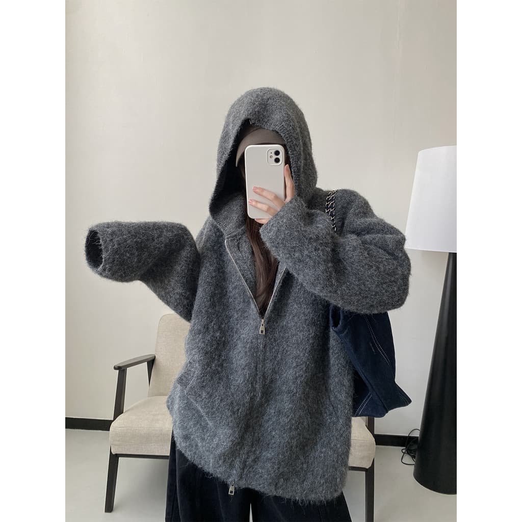 Sol toranja aveia doce chá branco feminino malha Cardigan velo sensação quente preguiçoso sensação Casual zíper com capu