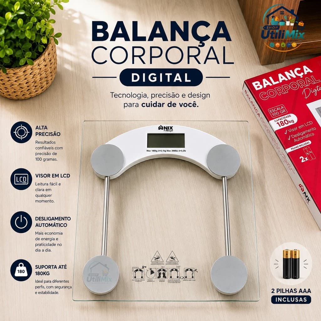 Balança Digital De Vidro Temperado Premium até 180Kg Portátil Corporal Transparente