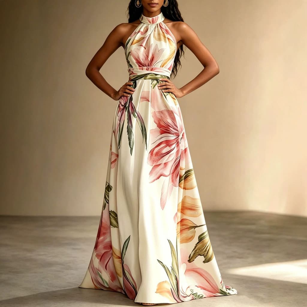 Comércio exterior transfronteiriço europeu e americano, novo vestido longo estampado com decote halter para o verão de 2