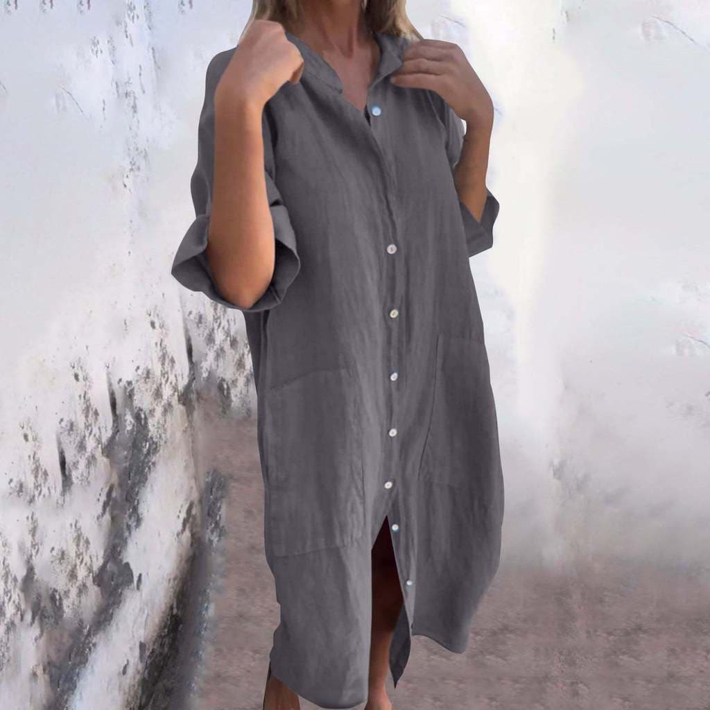 2026 novo estilo primavera verão estilo solto Casual manga média algodão linho camisa vestido feminino