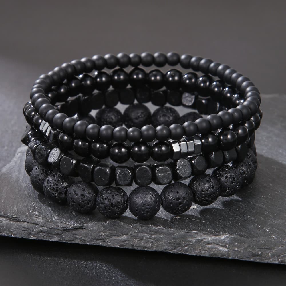 4Pcs/Set Pedras Vulcânicas Contas De Madeira Multi-Camadas Pulseiras Elásticas Combinadas Masculinas Amigas Jóias