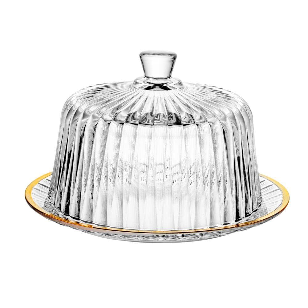 Queijeira com Tampa e Fio de Ouro Radial 20cm x 20cm x 12.5cm Cristal Lyor para Cozinha Mesa Posta Decoração Sala Jantar