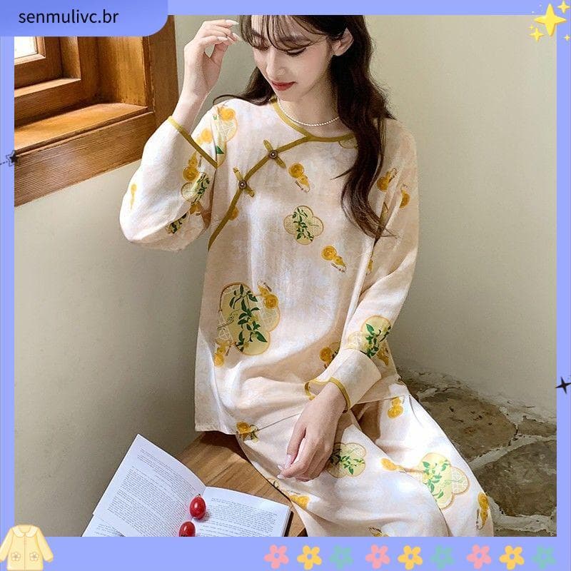 Pijamas femininos primavera outono algodão seda estilo nacional Homewear verão pode usar fora novo estilo chinês tamanh