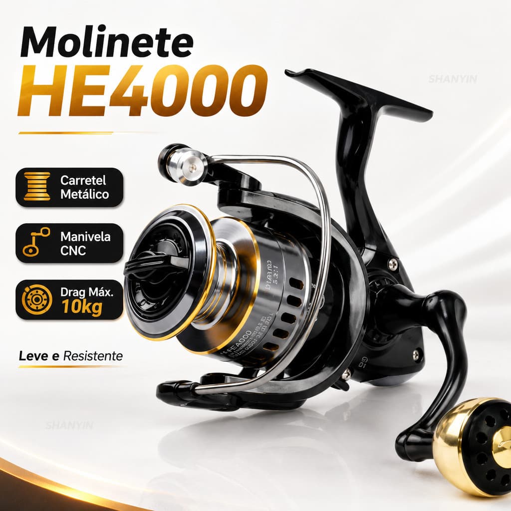 Molinete HE4000 com Drag 10kg - Carretel Metálico e Manivela CNC - Troca Direita/Esquerda