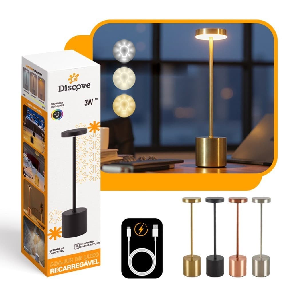 Luminária de Mesa LED Recarregável Sem Fio Touch USB-C | 3 Cores de Luz e Brilho Ajustável