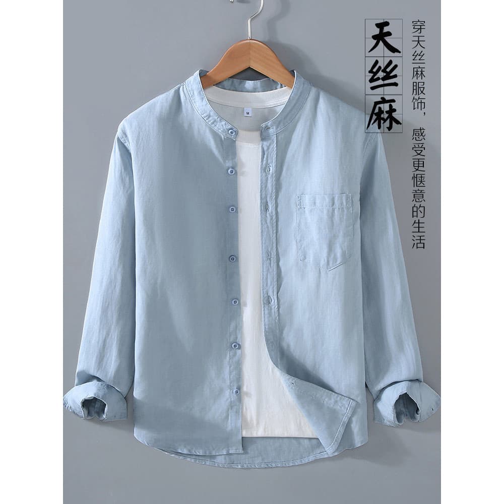 Preguiçoso estilo dinheiro velho Tencel linho manga comprida gola alta camisa masculina cor sólida respirável