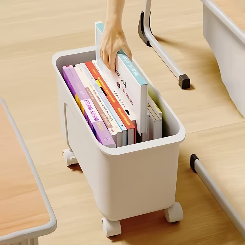 Caixa de livro para uso em sala de aula, estudantes do ensino médio, caixa de armazenamento de livros com rodas, mesa mó