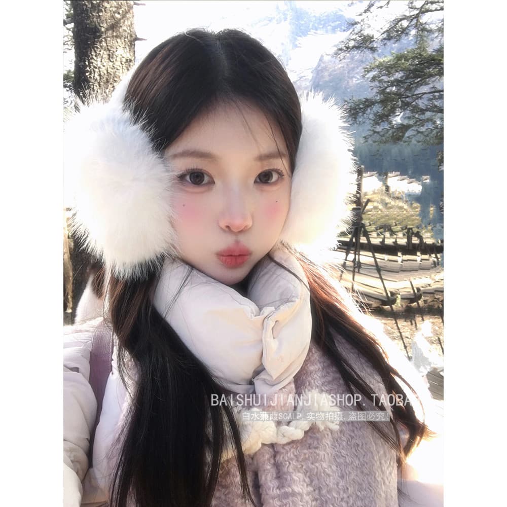 Inverno novo estilo branco pele de coelho earmuffs feminino peludo bonito estudante ciclismo quente à prova de frio earm