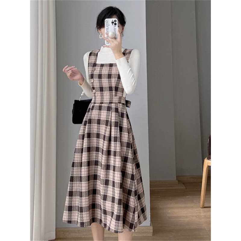 P xadrez alça de lã terno vestido feminino outono inverno 2022 novo estilo outono inverno Retro jogo interno saia jogo c