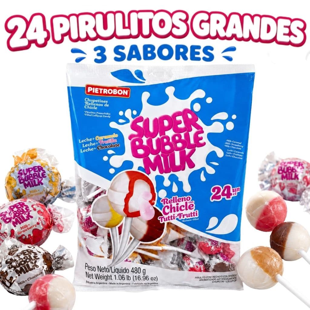 Pirulito Bola Recheado com Chicle Tutti-Frutti Bubble Milk Caramelo Morango e Chocolate 24 Unidades 480g - Pietrobon