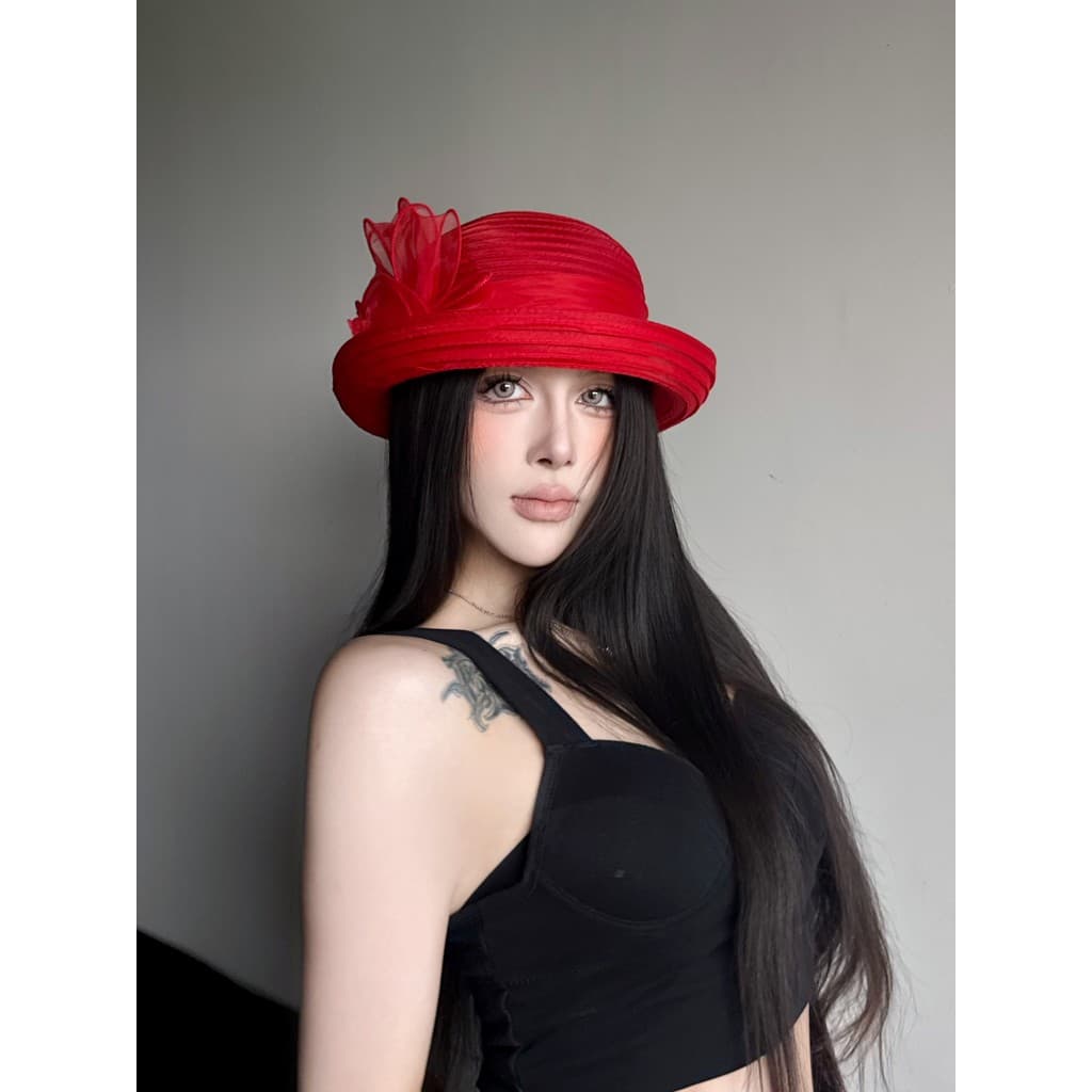 Nicho estilo gótico vermelho Organza flor pequena borda pote chapéu feminino verão sombra francês Retro Hepburn chapéu