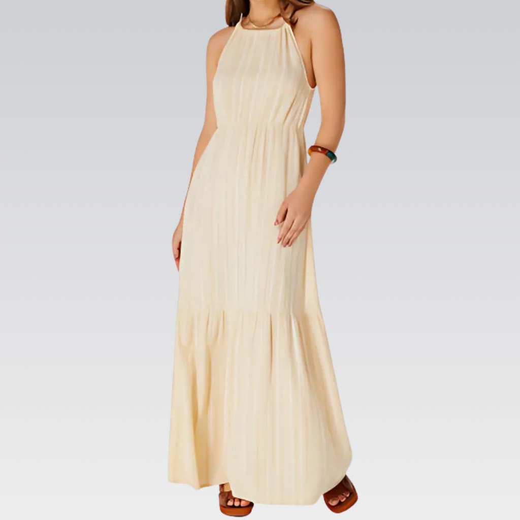 Vestido Hering Longo Evasê Fio Tinto Com Decote Halter Neck