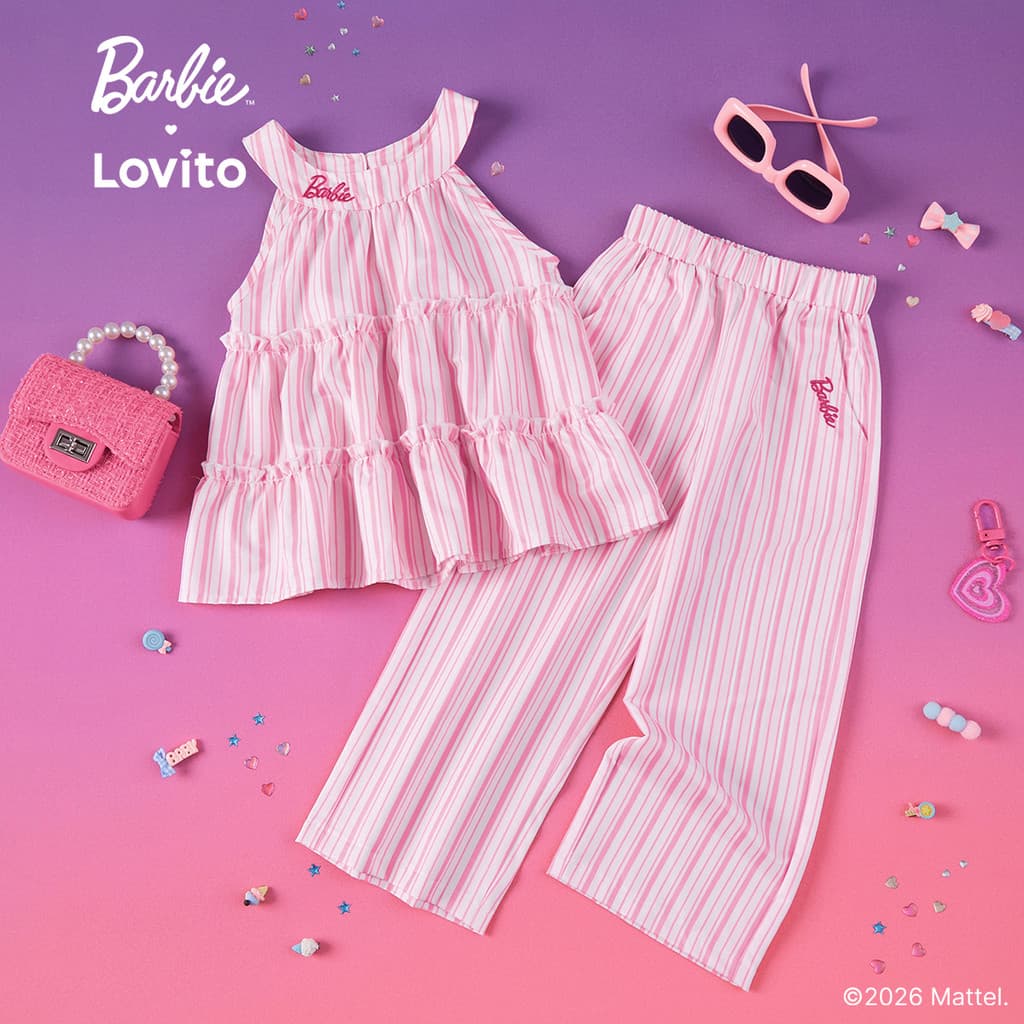 Barbie™ X Lovito Kids Conjunto Rosa Menina Top Sem Mangas Gola Halter e Calça Reta Bordada Bolsos LBL5AD034