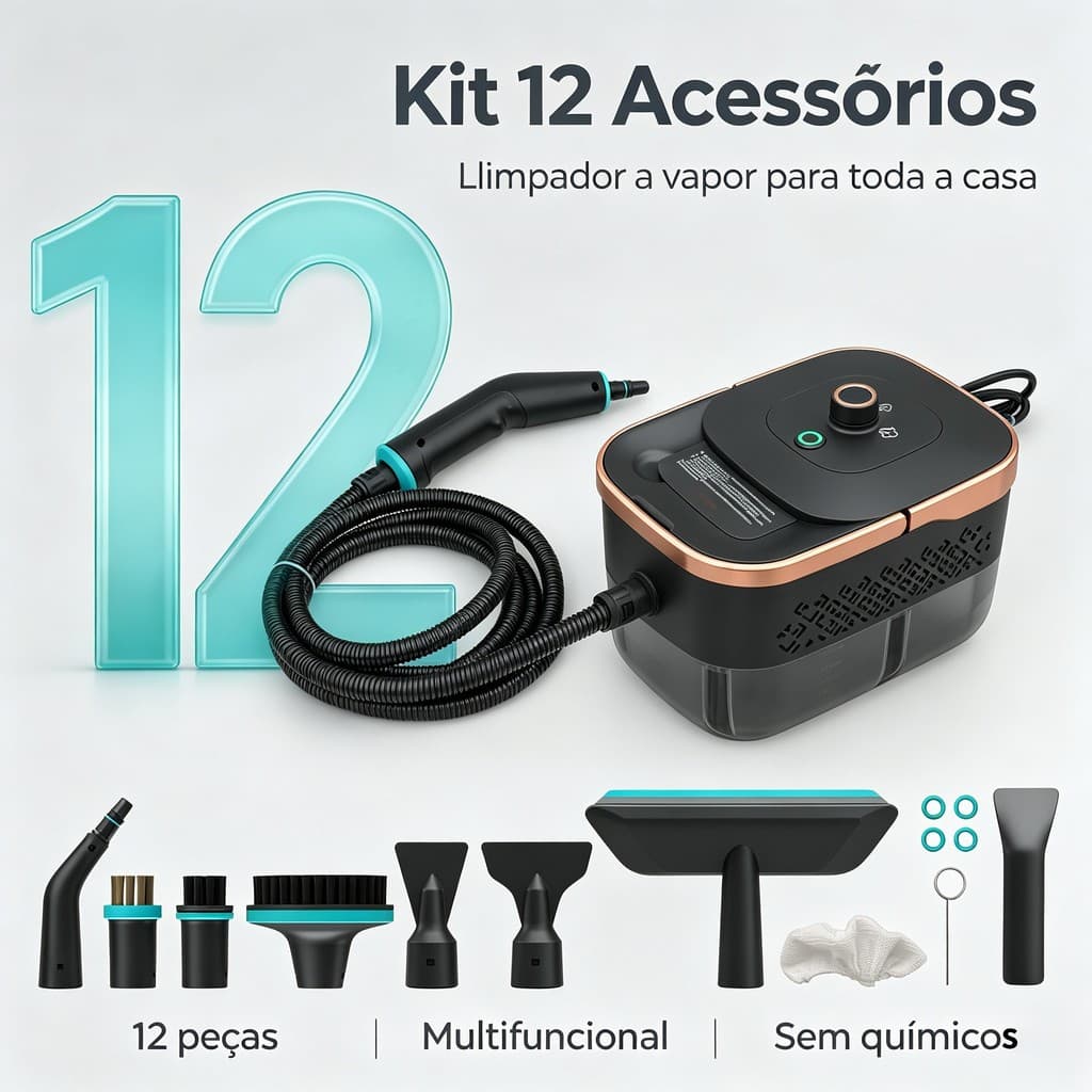 Limpador a Vapor Multifuncional 1250ml 12 Acessórios Vapor 105℃ Limpeza Profunda Residencial