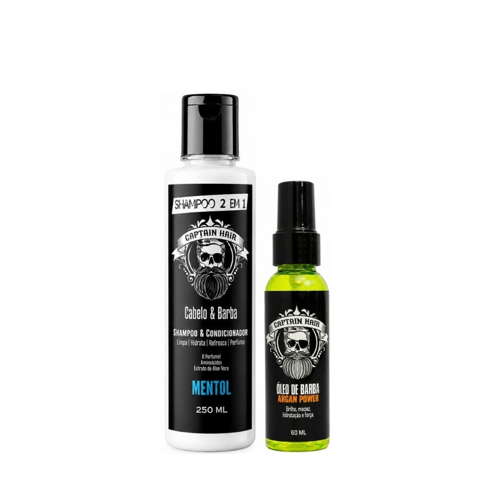 Kit Shampoo 2 em 1 Cabelo & Barba 250ml e Óleo Barba Argan 60ml Captain Hair