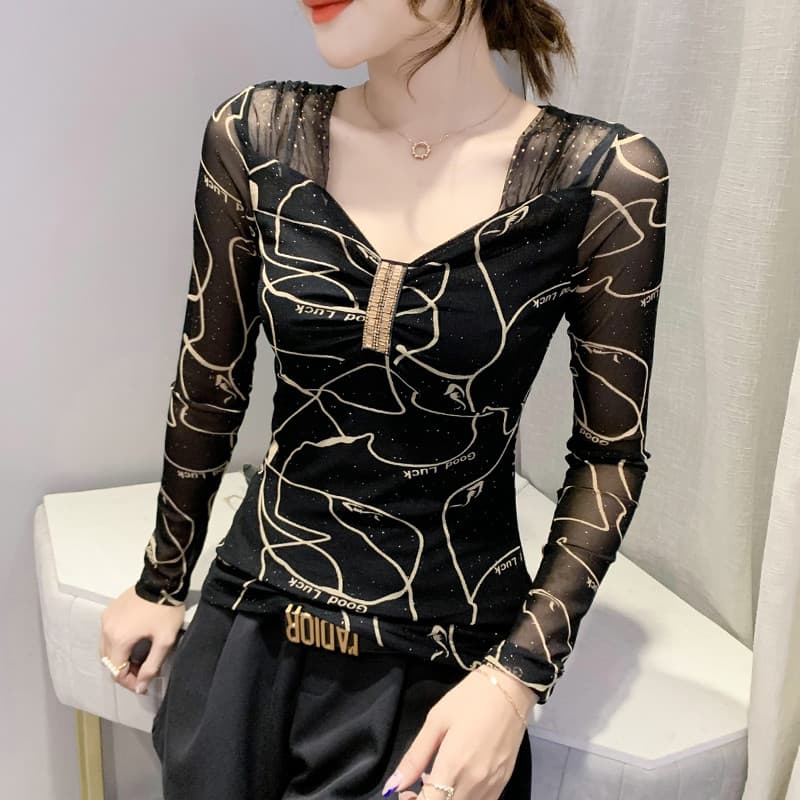 Roupas femininas 2024 novo estilo na moda fio líquido de manga comprida camiseta feminina impressa Popular diamante quen
