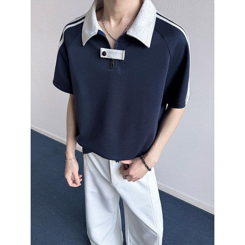 Verão estilo americano listrado meio zíper três barras manga curta camiseta masculina na moda bonito solto lapela meia m