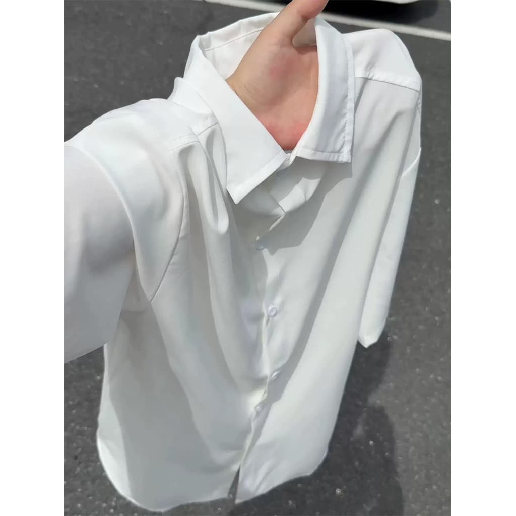 Verão gelo seda Drape branco camisa de manga curta masculina solta Casual luz estilo maduro não-passar Anti-rugas All-Ma